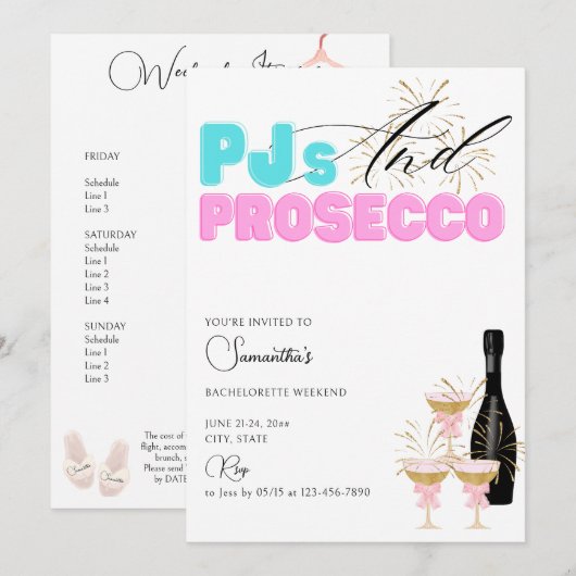 PJ's Prosecco Pyjama Party Bachelorette Weekend Kaart (Voorkant / Achterkant)