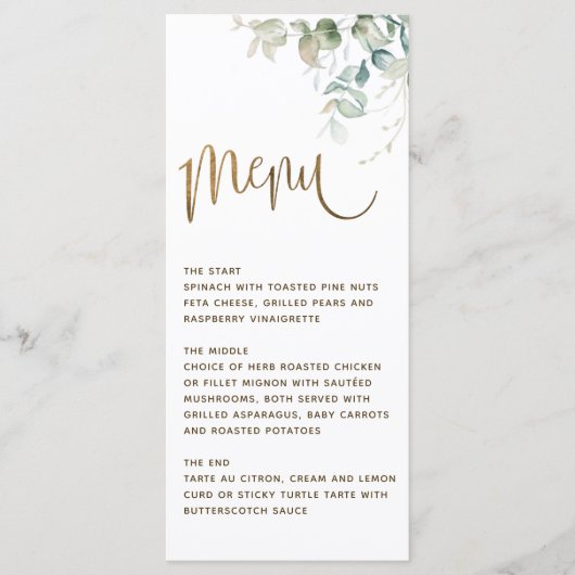 Plaats de kaart/het Menu, Elegant Greenery en Wate Menu (Voorkant)