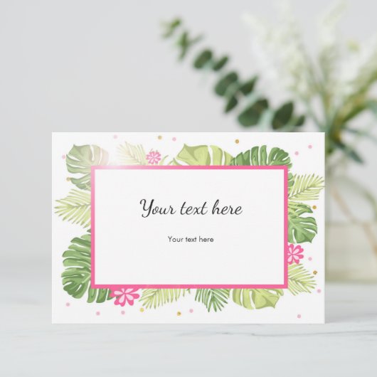 Plaats de tropische roze goudhawaii-palmbladeren o informatiekaartje (Staand voorkant)