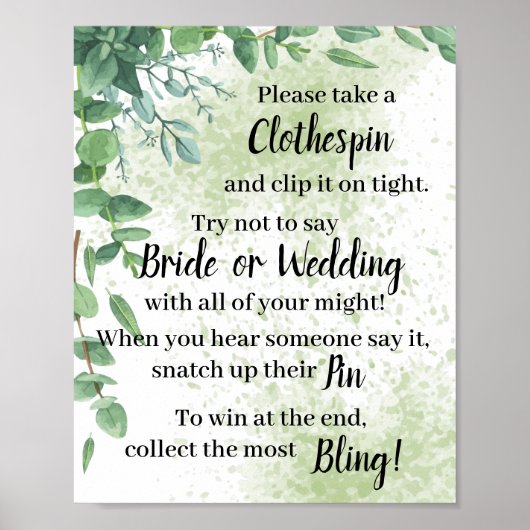 Plaats een Clothespin Eucalyptus Shower Game Sign Poster (Voorkant)