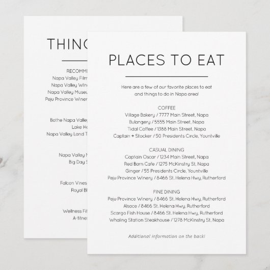 Plaatsen om te eten en Dingen om kaart te doen (Voorkant / Achterkant)