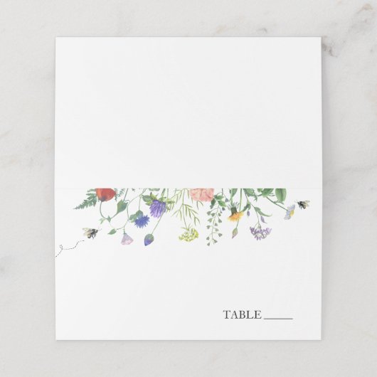 Plaatshouderkaarten met namen van wilde bloemen en plaatskaartje (Buitenkant ongevouwen)