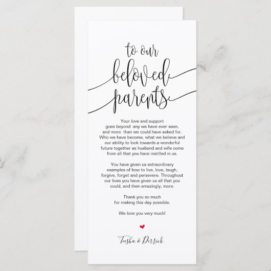 Plaatsinstelling bedankkaart voor geliefde ouders programmakaart (Voorkant / Achterkant)