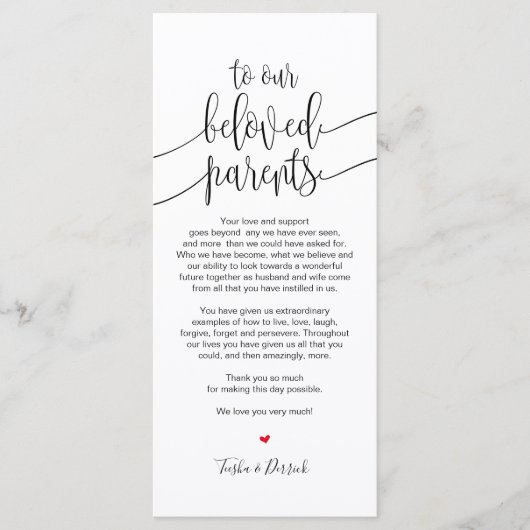 Plaatsinstelling bedankkaart voor geliefde ouders programmakaart (Voorkant)