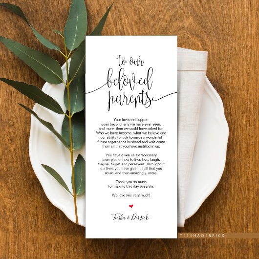 Plaatsinstelling bedankkaart voor geliefde ouders programmakaart