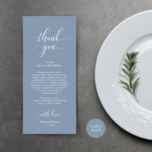 Plaatsinstelling Dank u, elegante stoffige blauwe Programmakaart