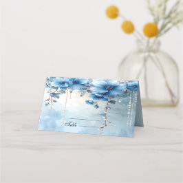 Plaatskaart met blauwe bloemen en parels plaatskaartje