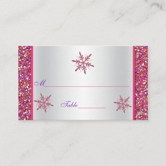 Plaatskaart roze, zilveren glitter Snowflakes Plaatskaartje (Voorkant)