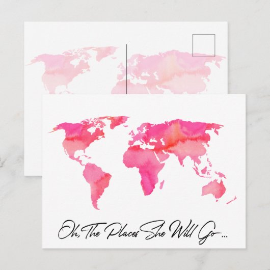 Plaatst zij zal gaan citeren Roze Waterverf Wereld Briefkaart (Voorkant / Achterkant)