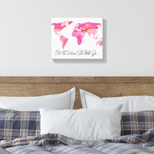 Plaatst zij zal gaan citeren Roze Waterverf Wereld Canvas Afdruk (Insitu (Slaapkamer))
