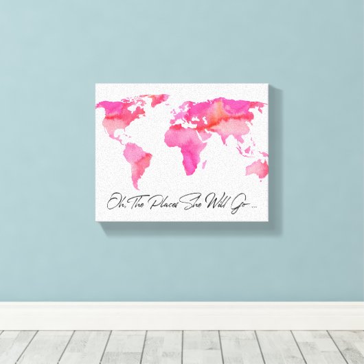 Plaatst zij zal gaan citeren Roze Waterverf Wereld Canvas Afdruk (Insitu (Houten vloer))