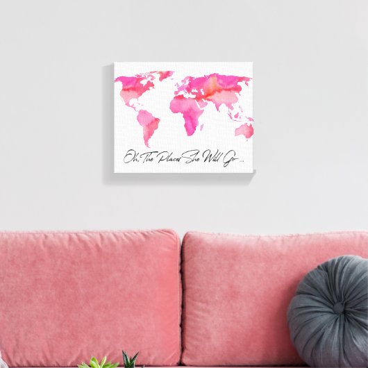 Plaatst zij zal gaan citeren Roze Waterverf Wereld Canvas Afdruk (Insitu (Woonkamer))
