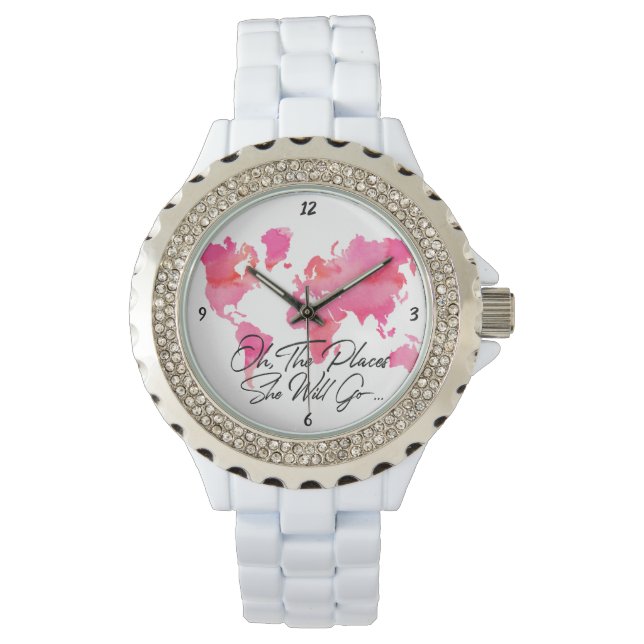 Plaatst zij zal gaan citeren Roze Waterverf Wereld Horloge (Voorkant)