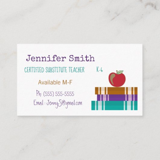 plaatsvervanger | Docent | Tutor Witte Visitekaart Visitekaartje (Achterkant)