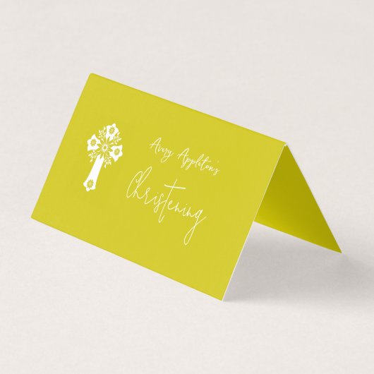 Place Card Floral Cross Christening Yellow Kaart (Achterkant)