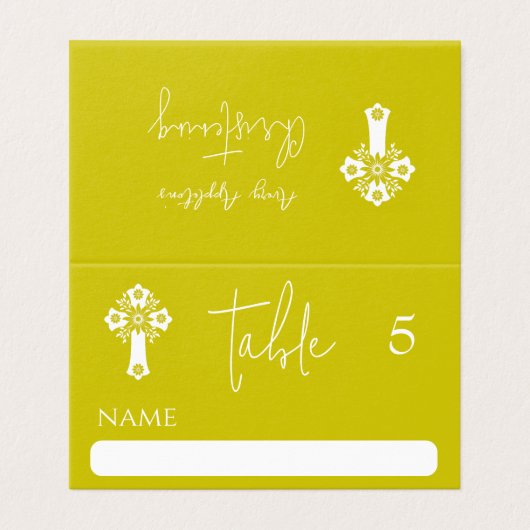 Place Card Floral Cross Christening Yellow Kaart (Buitenkant ongevouwen)