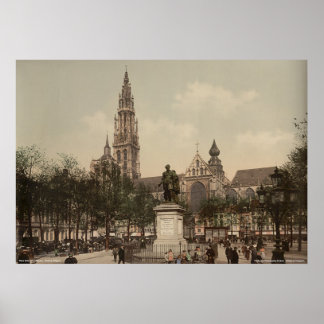 Place Verte and cathedral, Antwerpen, België Poster