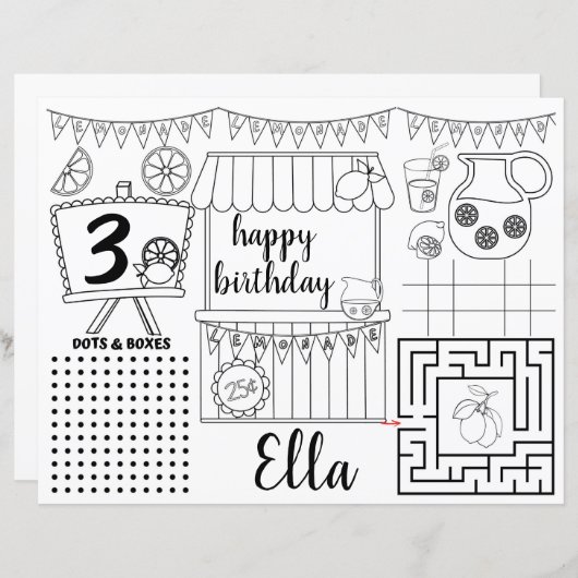 Placemats voor limonade, roze limonade activiteits (Voorkant / Achterkant)