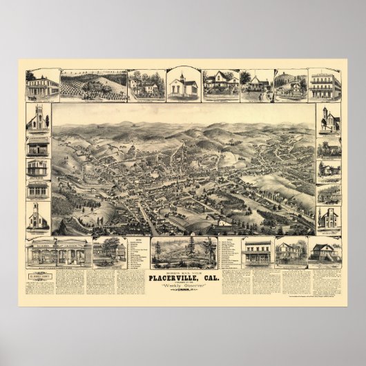 Placerville, CA Panoramic Map - 1888 Poster (Voorkant)