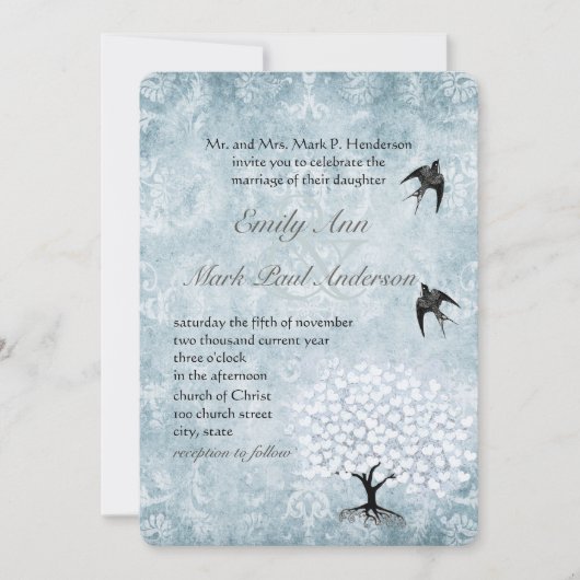 Placid Blue Damask Heart Leaf Aqua Tree Kaart (Voorkant)