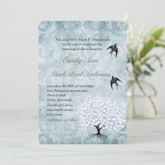 Placid Blue Damask Heart Leaf Aqua Tree Kaart (Staand voorkant)