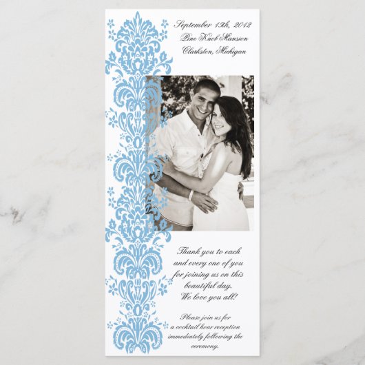 Placid Blue Damask Wedding Program met foto terug Programmakaart (Achterkant)