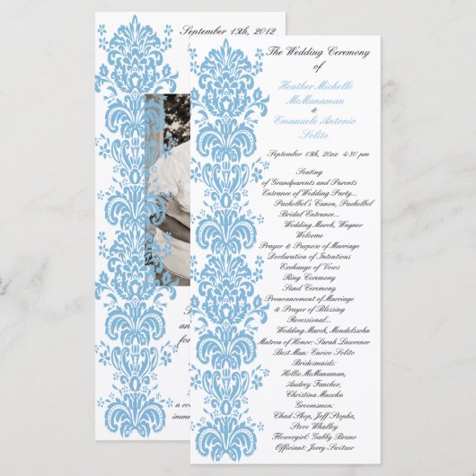 Placid Blue Damask Wedding Program met foto terug Programmakaart (Voorkant / Achterkant)