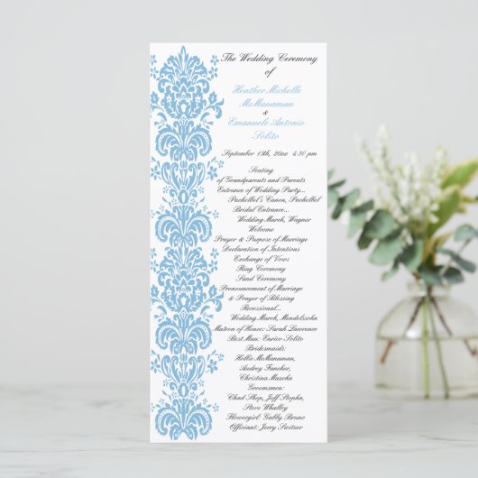 Placid Blue Damask Wedding Program met foto terug Programmakaart (Staand voorkant)