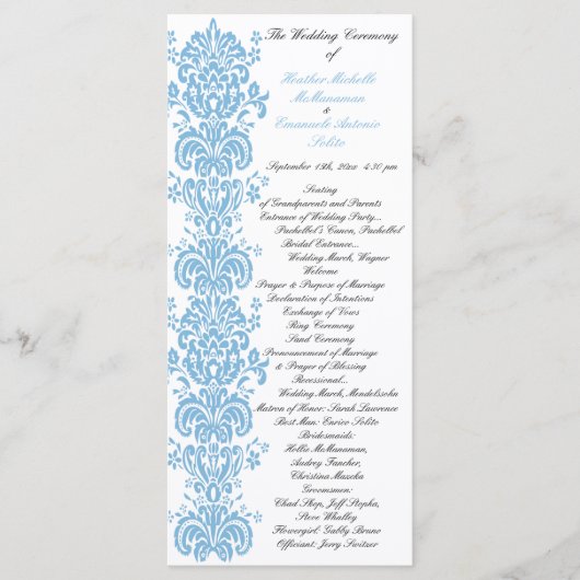 Placid Blue Damask Wedding Program met foto terug Programmakaart (Voorkant)
