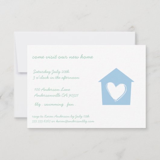 Placid Blue Heart House Housewarming Party Invite Kaart (Achterkant)