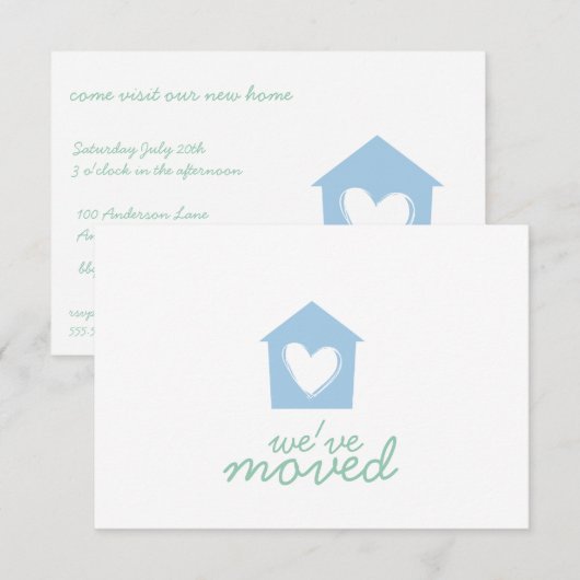 Placid Blue Heart House Housewarming Party Invite Kaart (Voorkant / Achterkant)