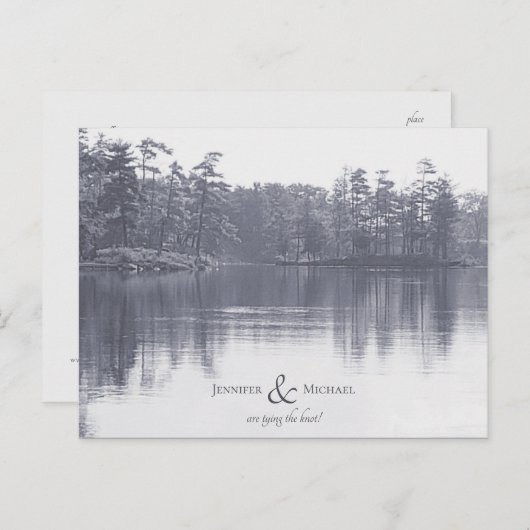 Placide bergmeerlandschap antiek blauw grijs aankondigingskaart (Voorkant / Achterkant)