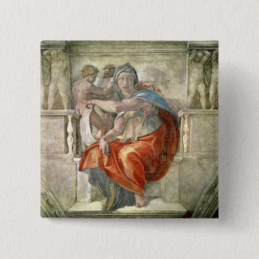 Plafond van sistine Chapel: Delphic Sibyl Vierkante Button 5,1 Cm (Voorkant)