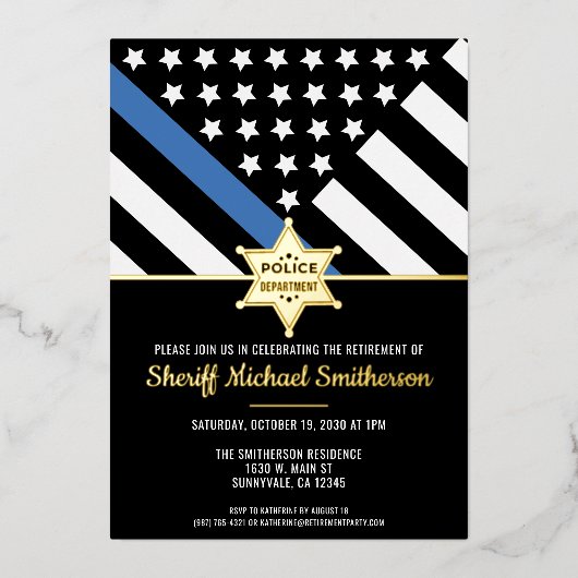 Plag van politie Sheriff Retirement Thin Blue Line Folie Uitnodiging (Voorkant)