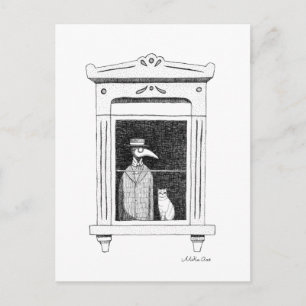 Plague Doctor met kat in een raam Steampunk art Briefkaart