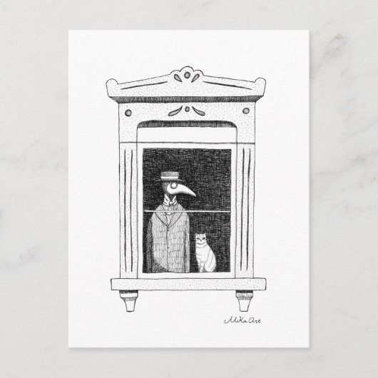 Plague Doctor met kat in een raam Steampunk art Briefkaart (Voorkant)