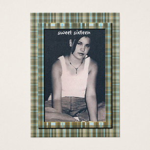 Plaid Aqua Blauw Sweet 16 Verjaardag Fotokaarten Visitekaartjes