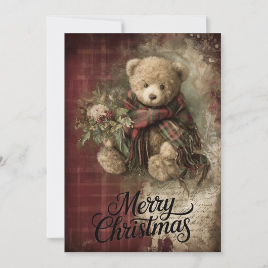 Plaid Bear & Holly Wishes Feestdagenkaart (Voorkant)