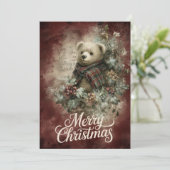 Plaid Bear & Poinsettia Wreath Feestdagenkaart (Staand voorkant)
