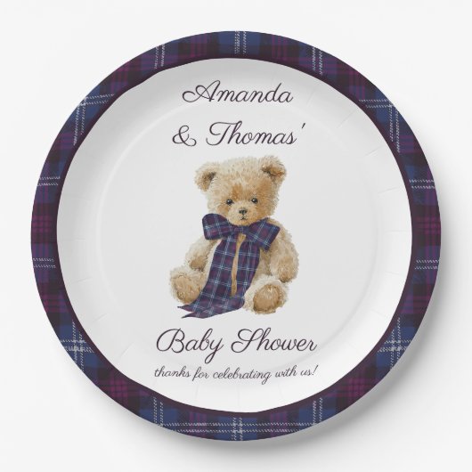 Plaid Bear Themed Baby Shower  Papieren Bordje (Voorkant)