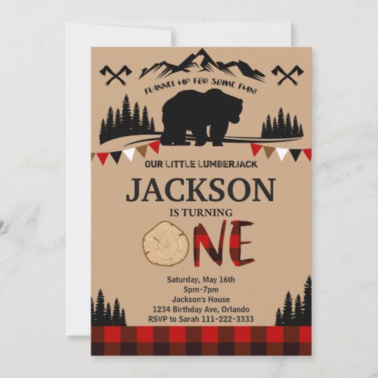 Plaid Beer Lumberjack Boys 1e Verjaardagsuitnodigi Kaart (Voorkant)