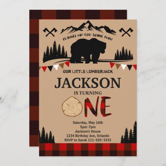 Plaid Beer Lumberjack Boys 1e Verjaardagsuitnodigi Kaart (Voorkant / Achterkant)