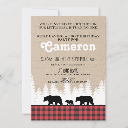 Plaid Beren 1e Verjaardagsfeestuitnodiging Kaart (Voorkant)