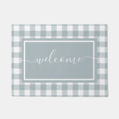 Plaid Blauw en Wit Gingham Patroon Welkom Deurmat (Voorkant)