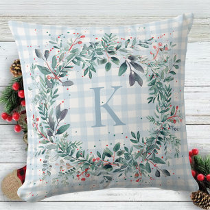 Plaid Blauw Monogram Groen Kerstkrans Kussen