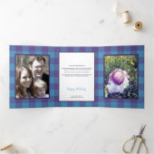 Plaid Blauw Paarse Chique Rustiek Land 4 Foto Drieluik Wenskaart (Binnen)