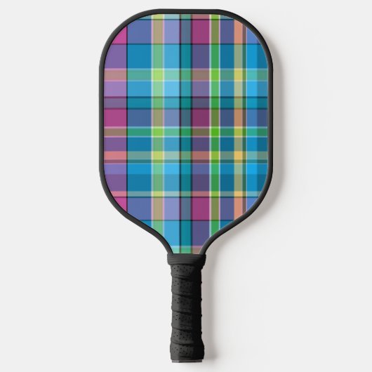 Plaid Blauw, Paarse, Groene, Gele Turquoise Madras Pickleball Paddle (Voorkant)