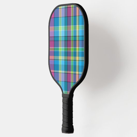 Plaid Blauw, Paarse, Groene, Gele Turquoise Madras Pickleball Paddle (Links)
