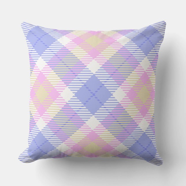 Plaid Blauw Roze Geel Kussen (Voorkant)