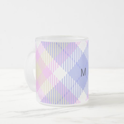 Plaid Blauw Roze Geel Matglas Koffiemok (Voorkant links)